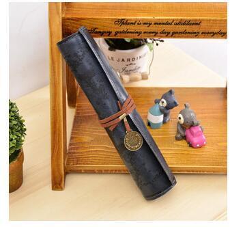 Retro Leather Pencil Case Roll-Up with Vintage Map Print