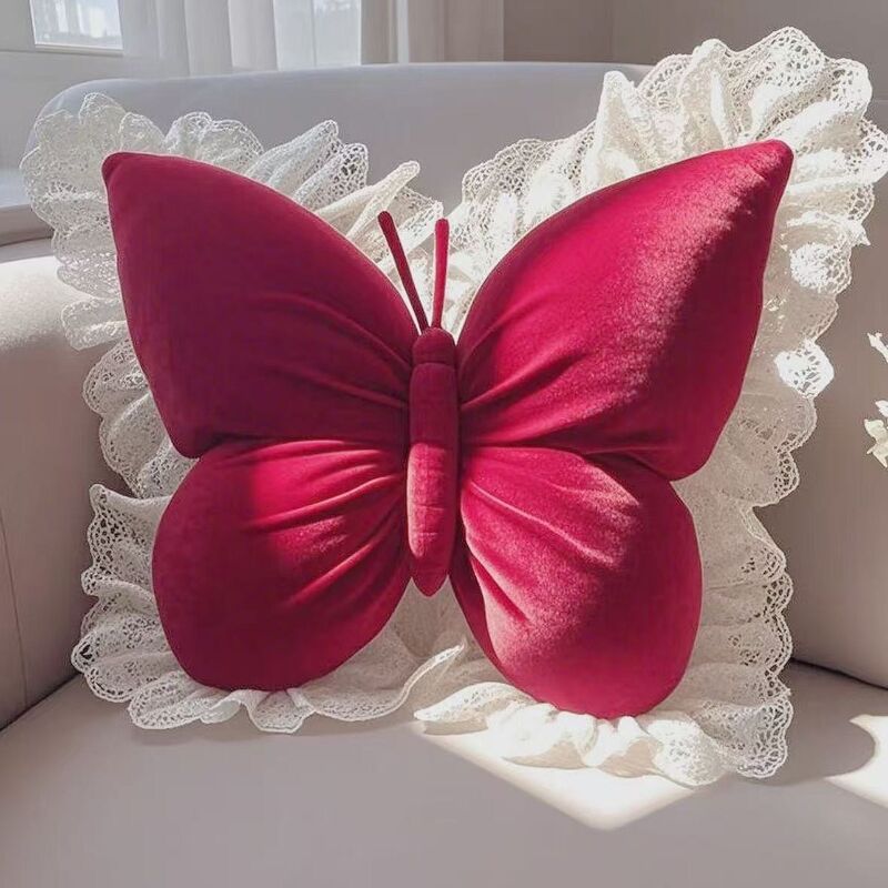 Butterfly Princess Velvet Throw Pillow with Lace Ruffle