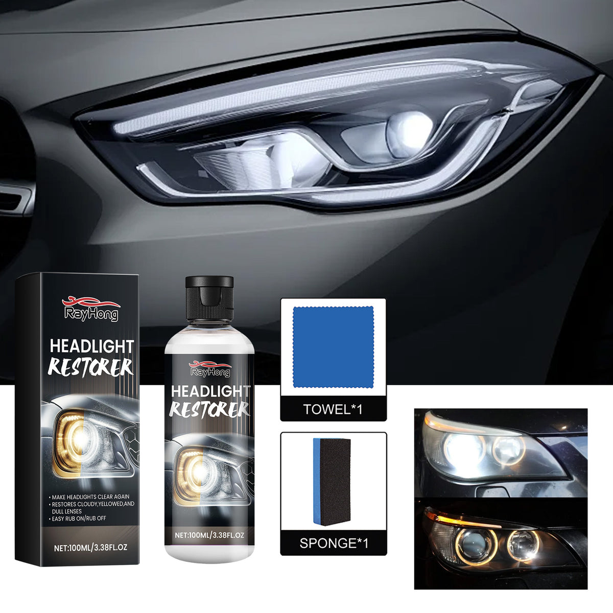 Headlight Restorer for Cloudy, Yellowed, Dull Lenses