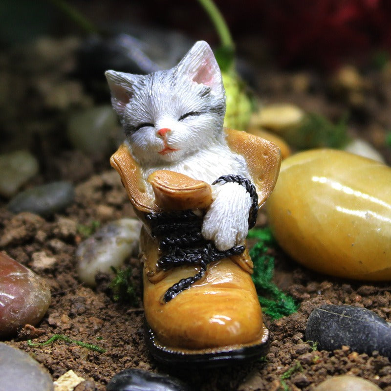 Sleeping Kitten Boot Resin Figurine for Fairy Gardens