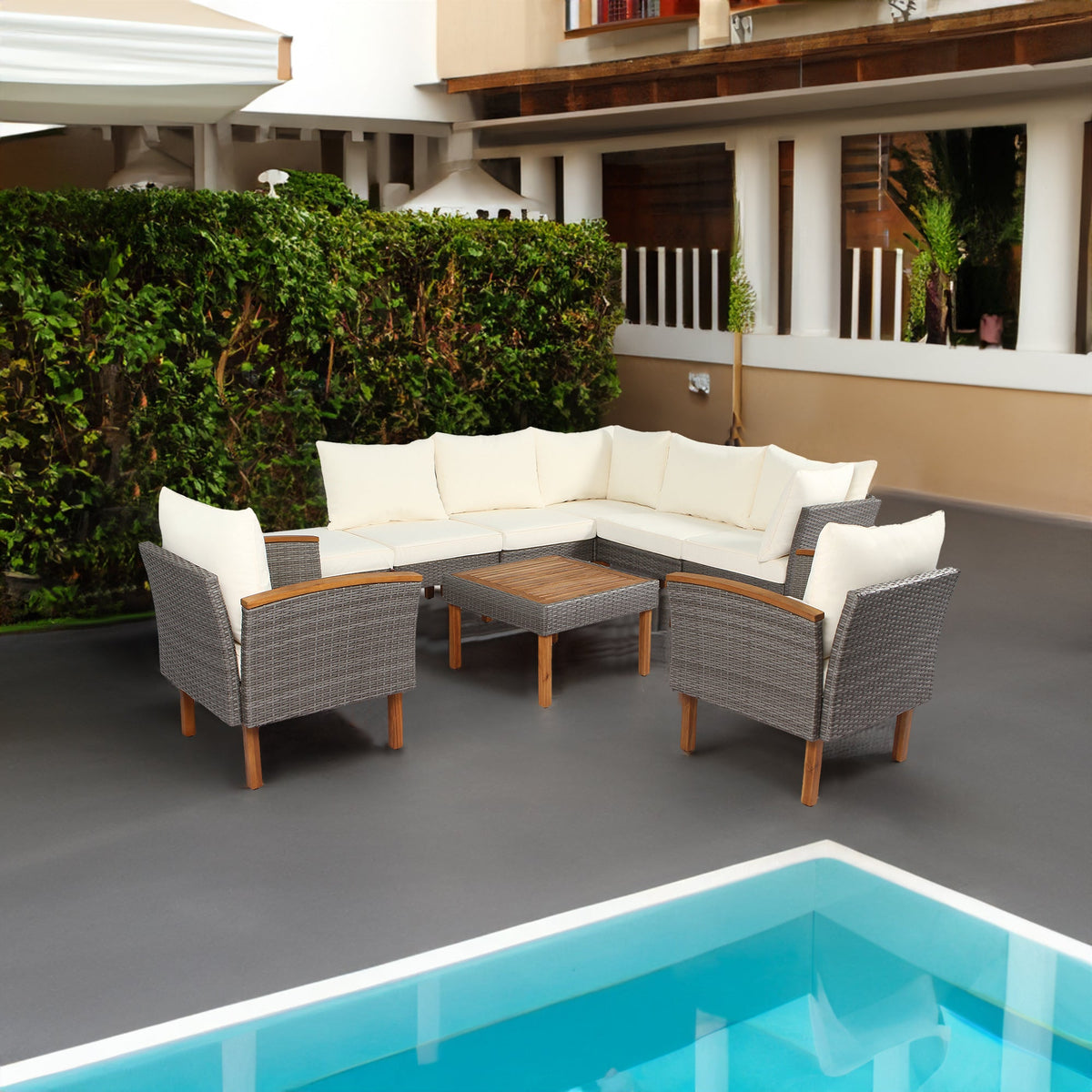 Patio Rattan Sofa Set with Washable Cushions, 9 Pieces