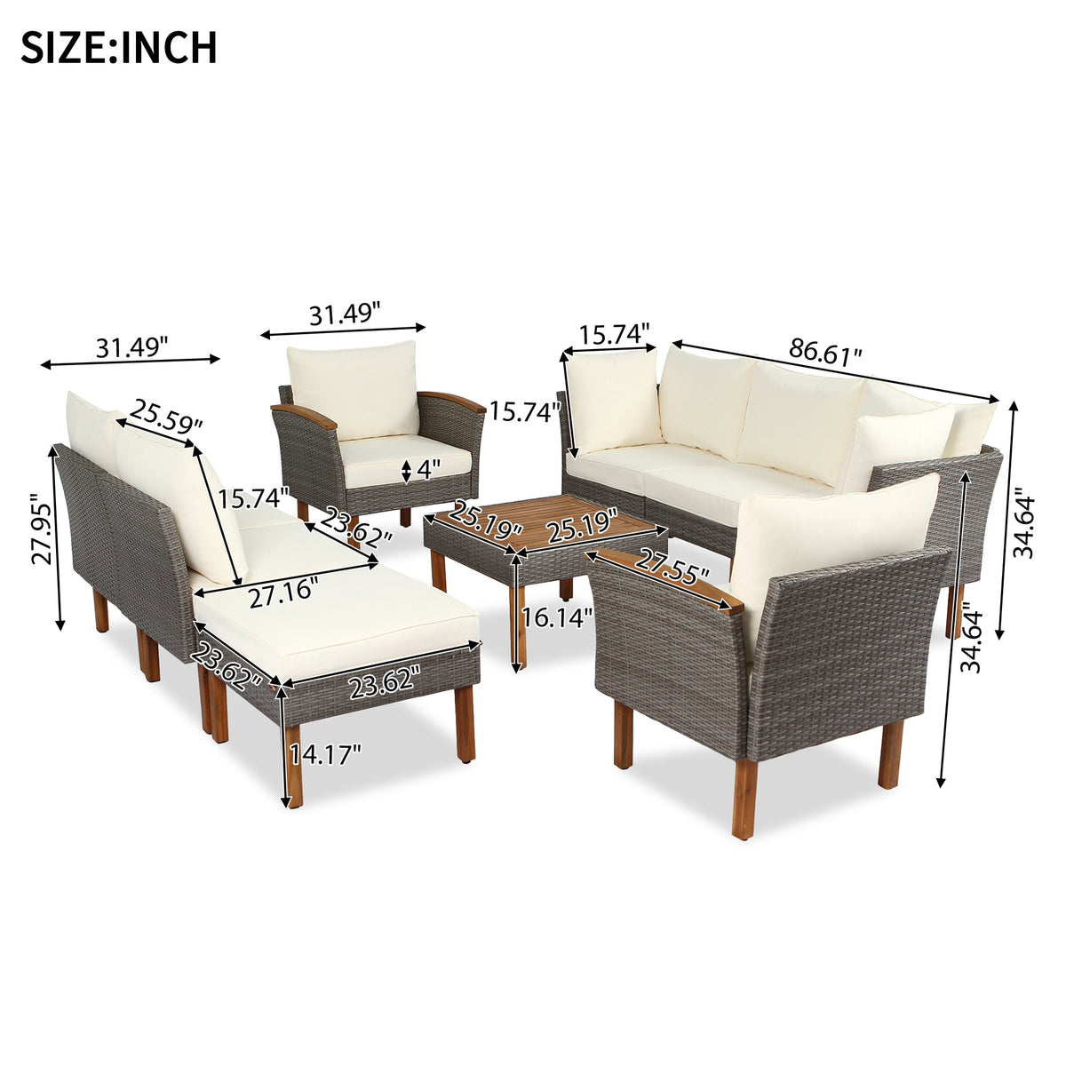 Patio Rattan Sofa Set with Washable Cushions, 9 Pieces