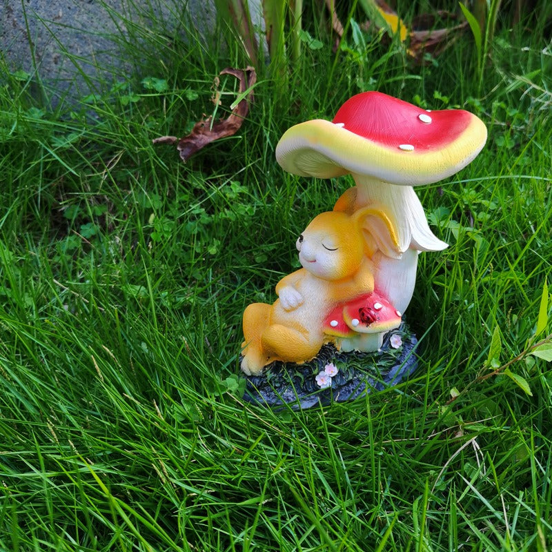Sleeping Bunny Garden Statue with Red Mushroom Cap