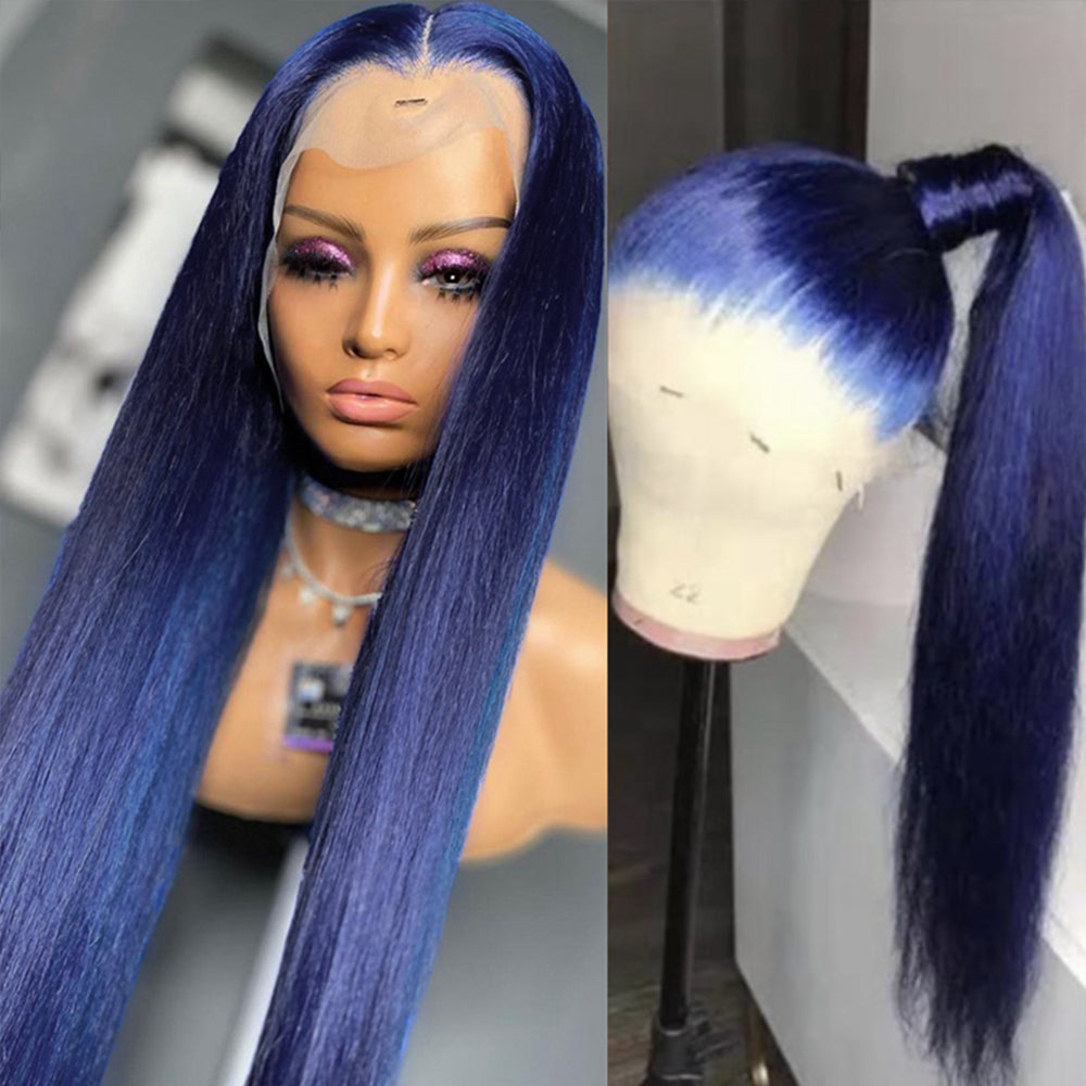 Straight Lace Front Wig – Long Navy Blue Human Hair