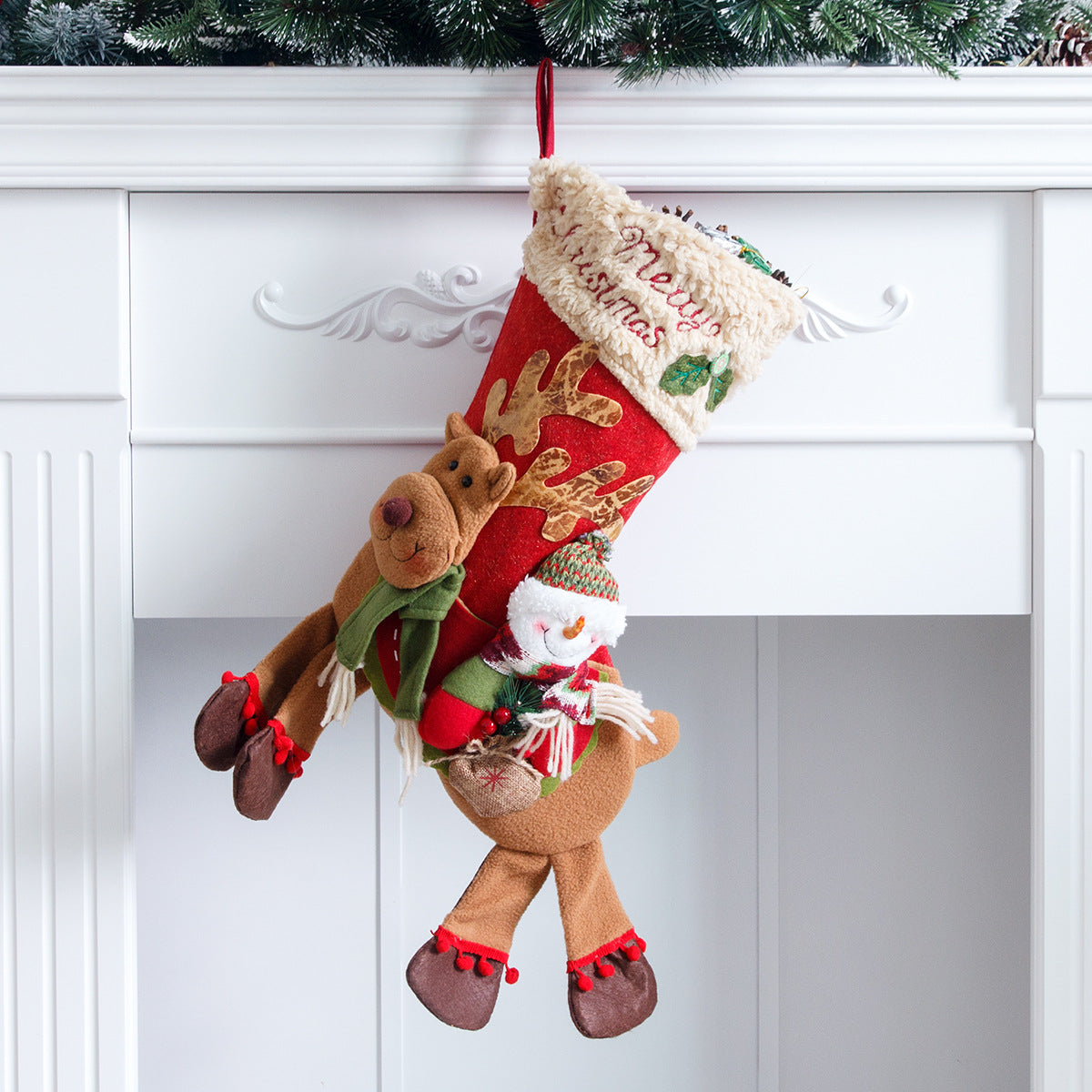 Christmas Stocking With Plush Reindeer & Snowman Decor