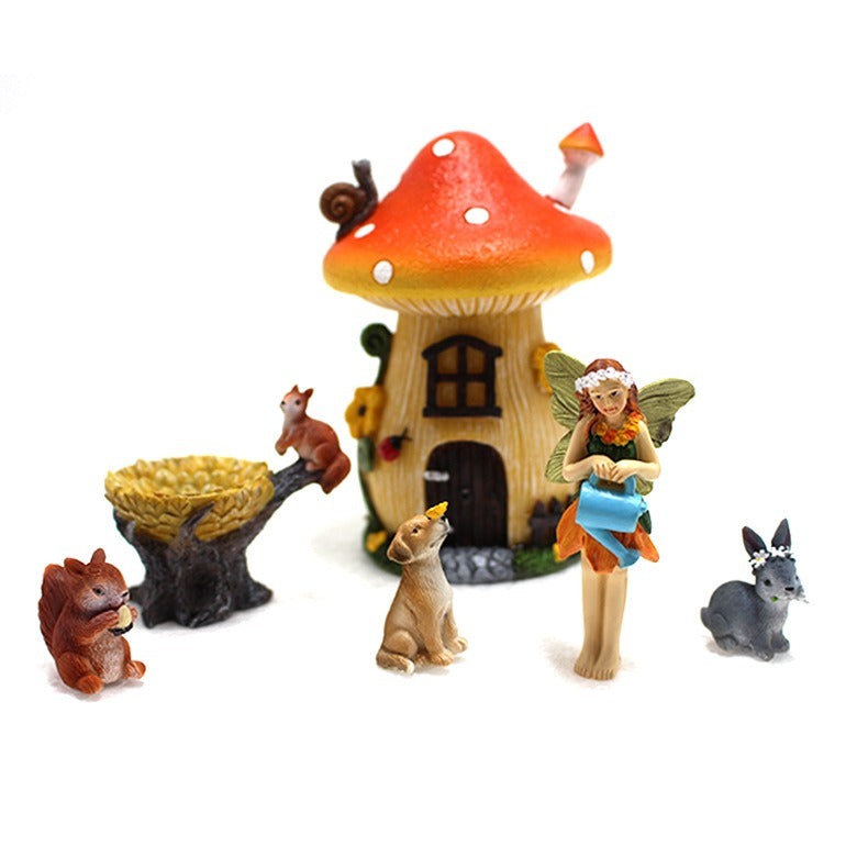 Resin Fairy Garden Mushroom House Set with Figures