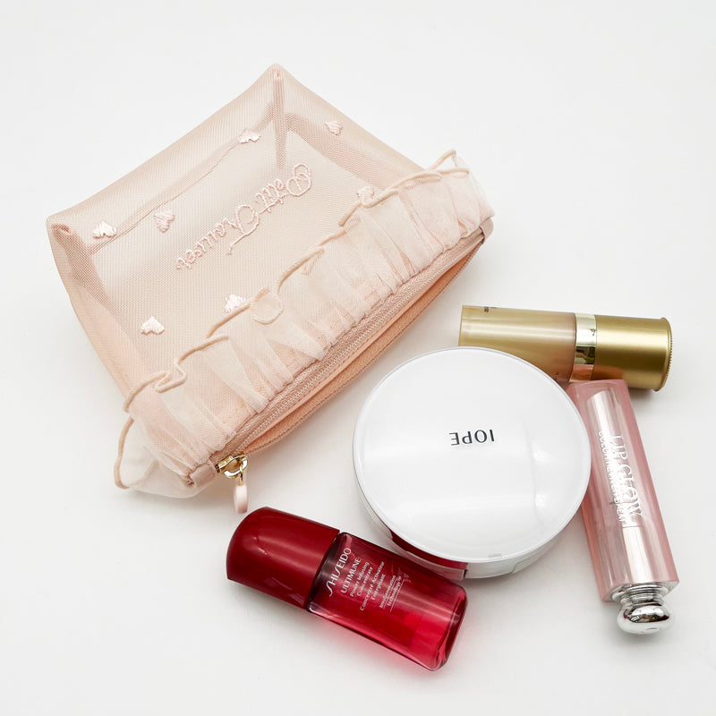 Sheer Mesh Makeup Bag with Lace Trim and Hearts