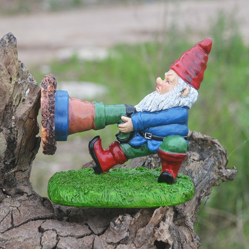 Garden Gnome Figurine with Leg Through Pot, Resin Decor
