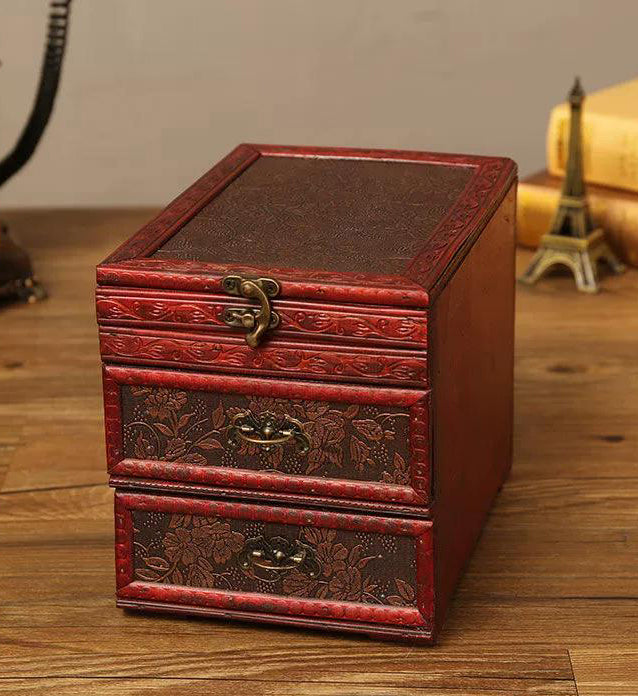 Vintage Wooden Jewelry Box with Brass Latch and Drawers