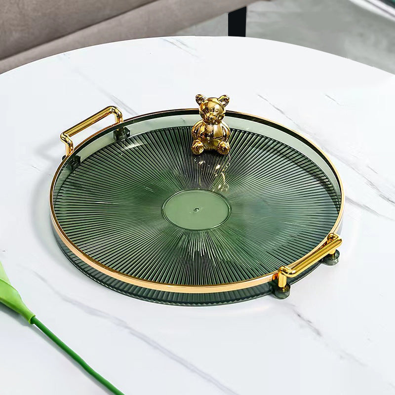 Round Serving Tray with Gold Handles and Ribbed Base