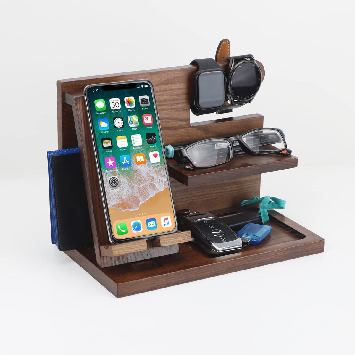 Solid Wood Phone Stand Desk Organizer with Charging