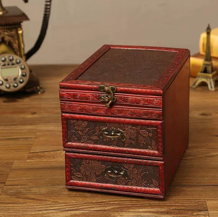Vintage Wooden Jewelry Box with Brass Latch and Drawers