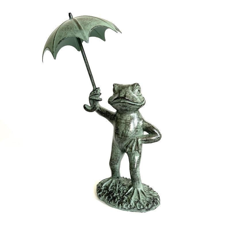 Verdigris Resin Frog Garden Statue with Umbrella Decor