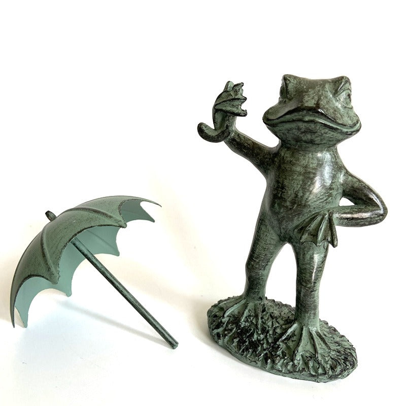 Verdigris Resin Frog Garden Statue with Umbrella Decor