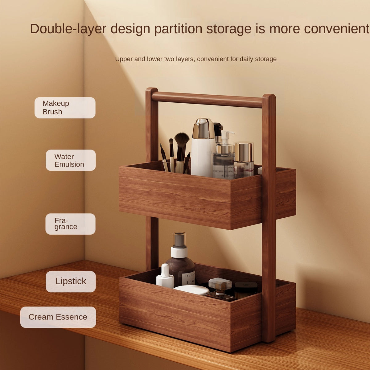 Rubber Wood Cosmetic Storage Box, Two-Tier Desk Caddy