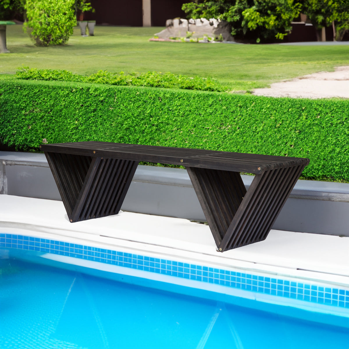 Modern Slatted Outdoor Bench with Sculptural V-Legs