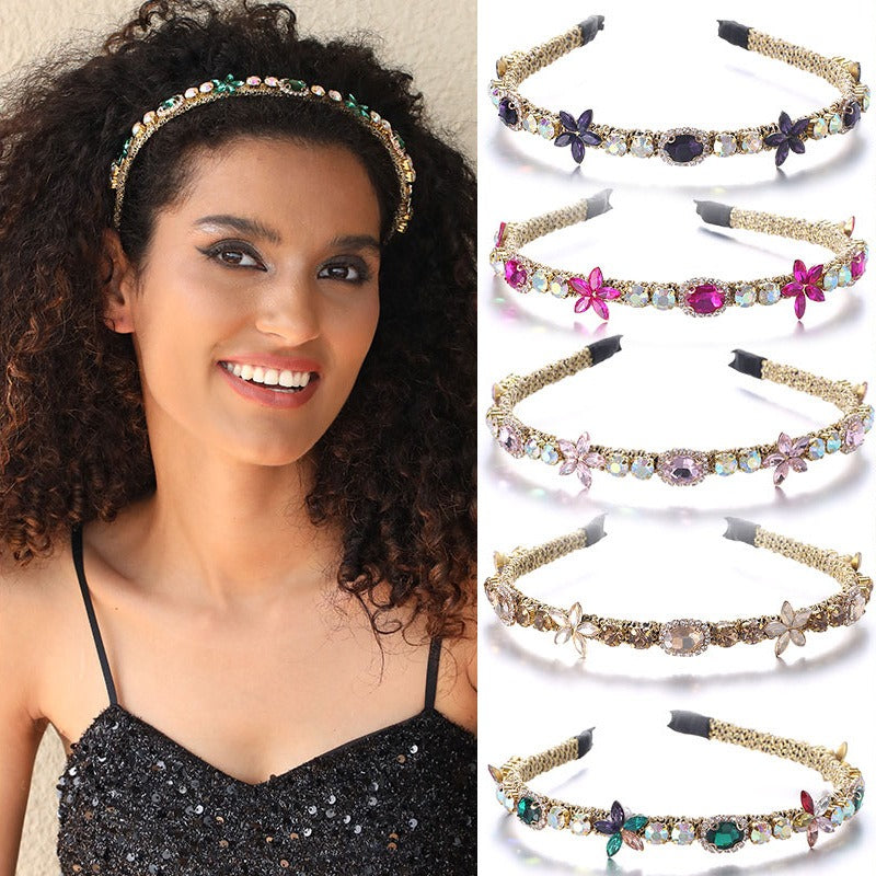 Crystal Flower Hair Hoop with Multicolor Glass Diamonds
