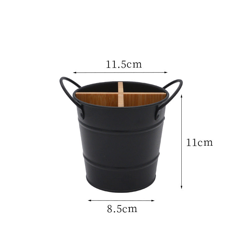 Metal Utensil Bucket with Bamboo Dividers for Kitchen