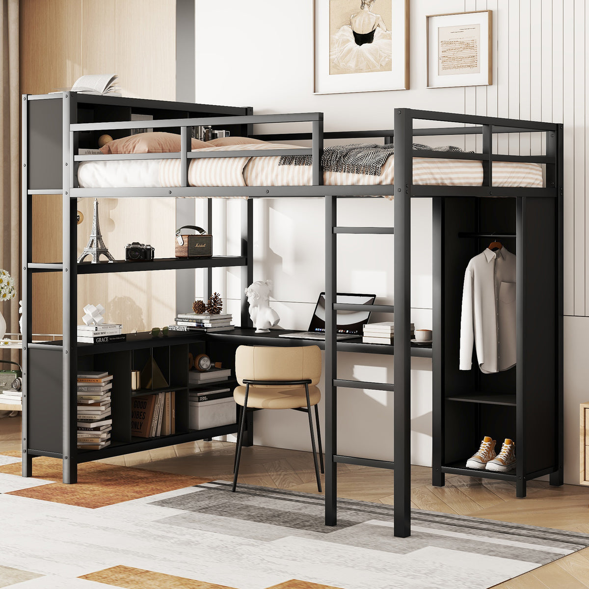 Full-Size Metal Loft Bed with Desk, Wardrobe & Storage