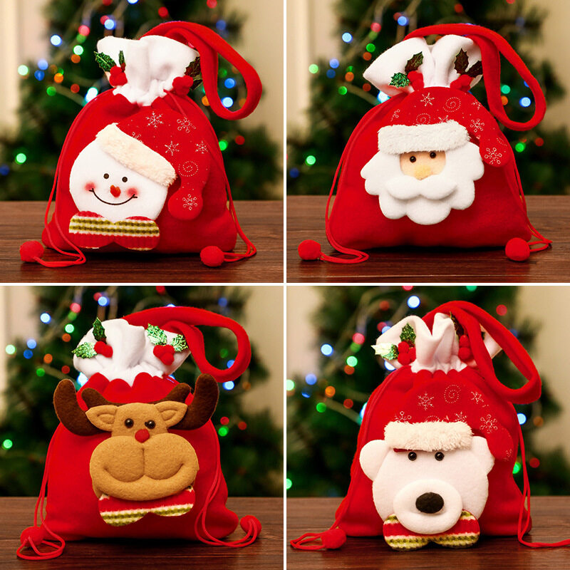 Christmas Gift Bag with Plush Santa Face Drawstring Tote
