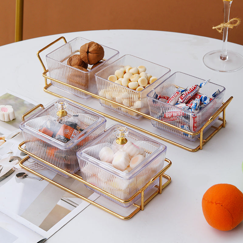 Luxury Snack Dish Set with Lids and Gold Serving Rack