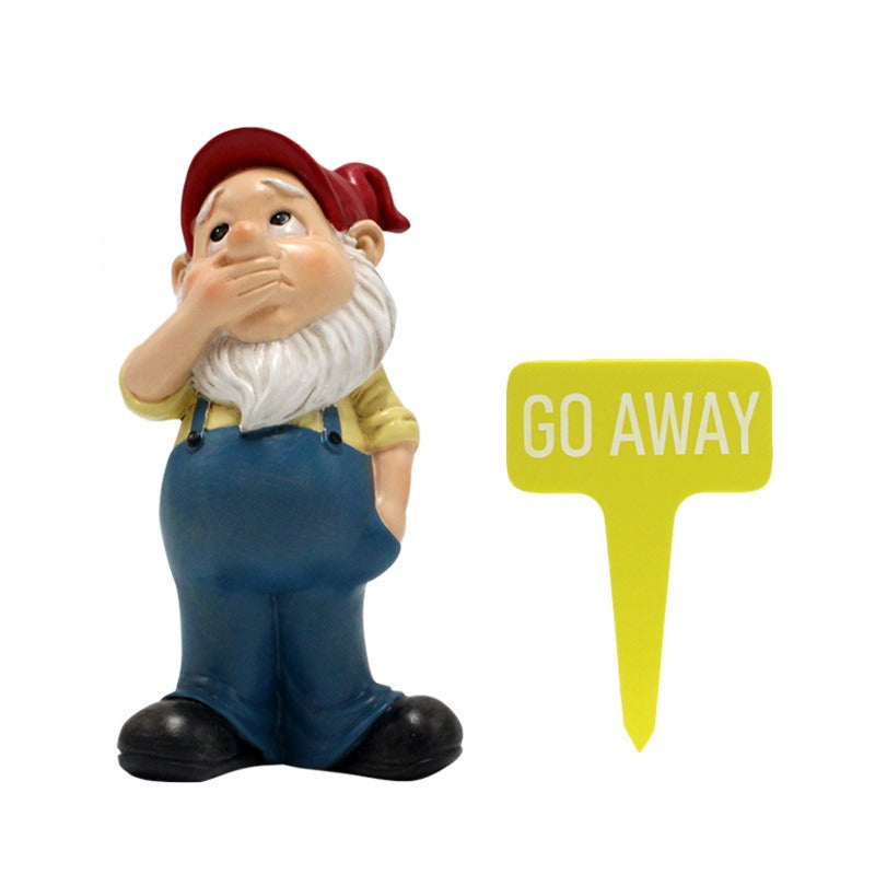 Funny Mouth-Covered Garden Gnome Statue with Go Away Sign