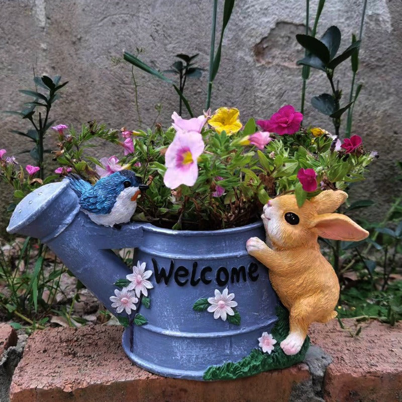 Watering Can Flower Planter with Bunny and Bluebird Decor