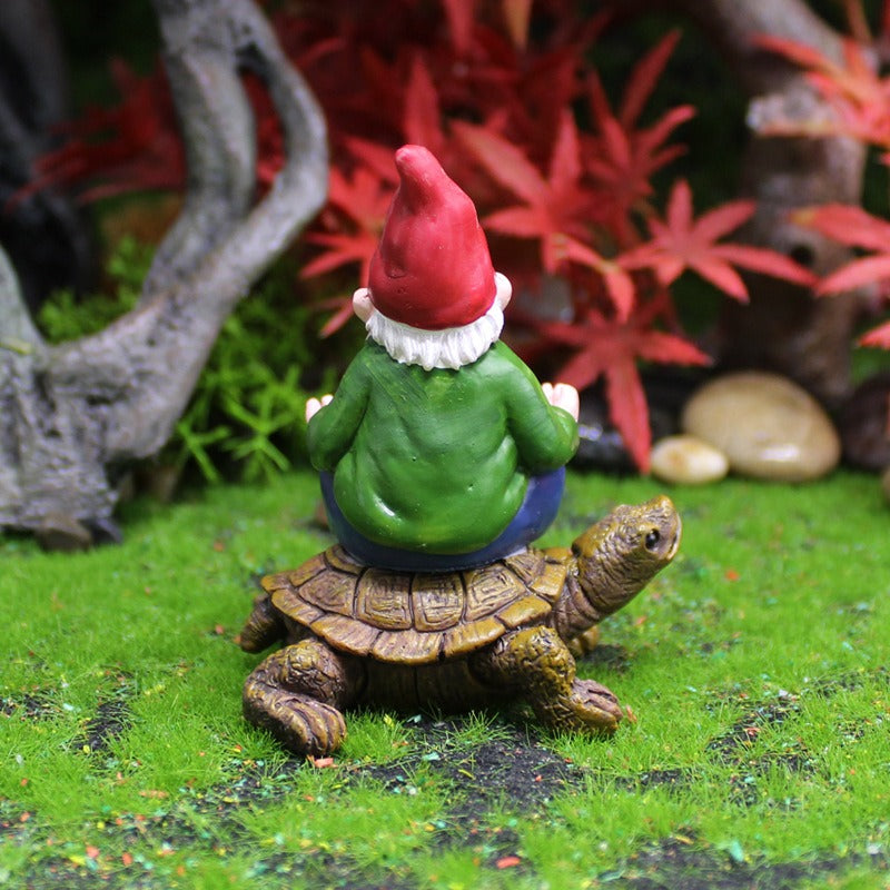 Resin Zen Gnome Riding Turtle Fairy Garden Figurine