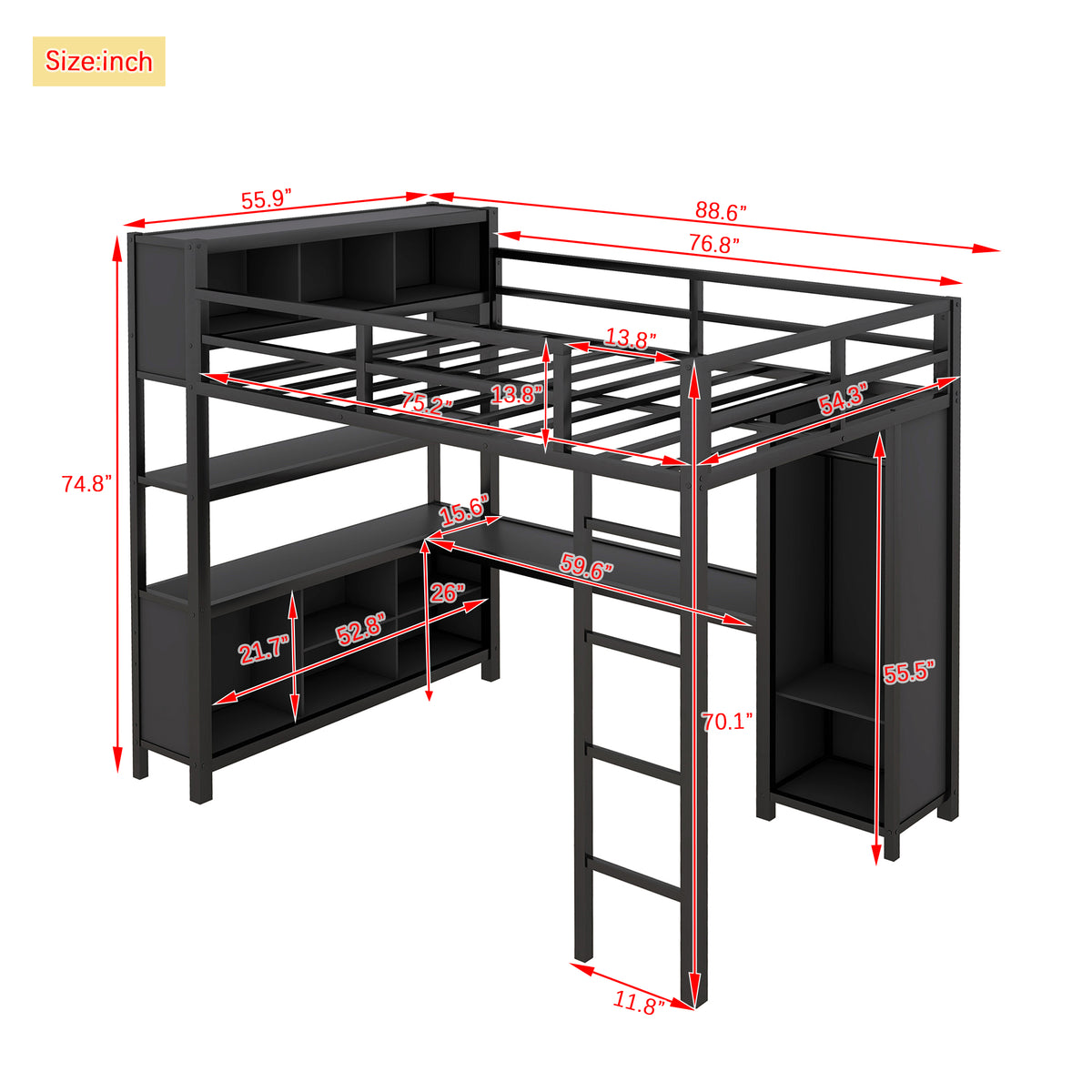 Full-Size Metal Loft Bed with Desk, Wardrobe & Storage