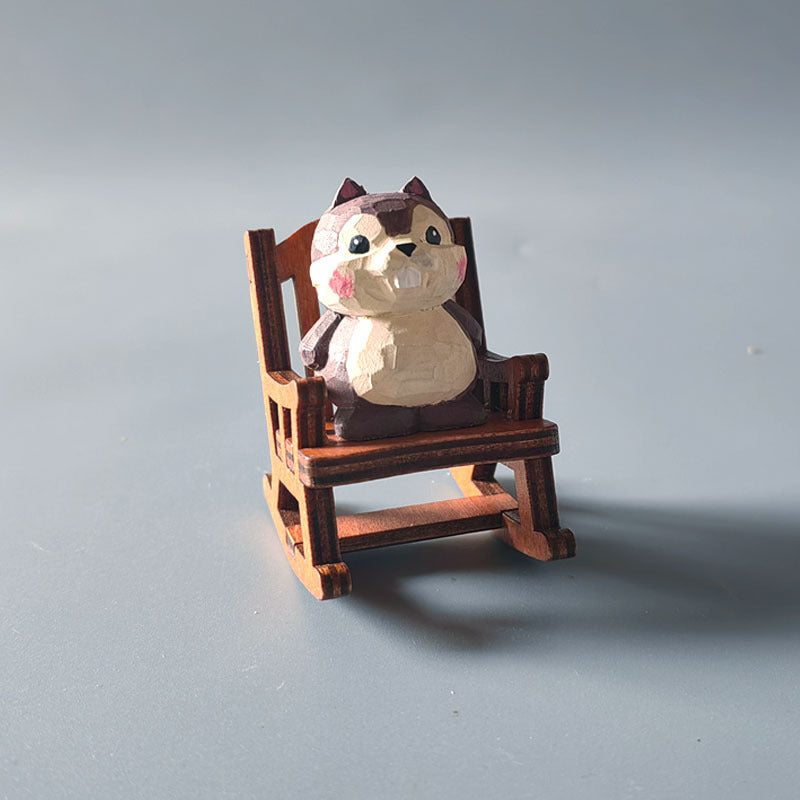 Wooden Animal Ornament with Mini Rocking Chair Decor