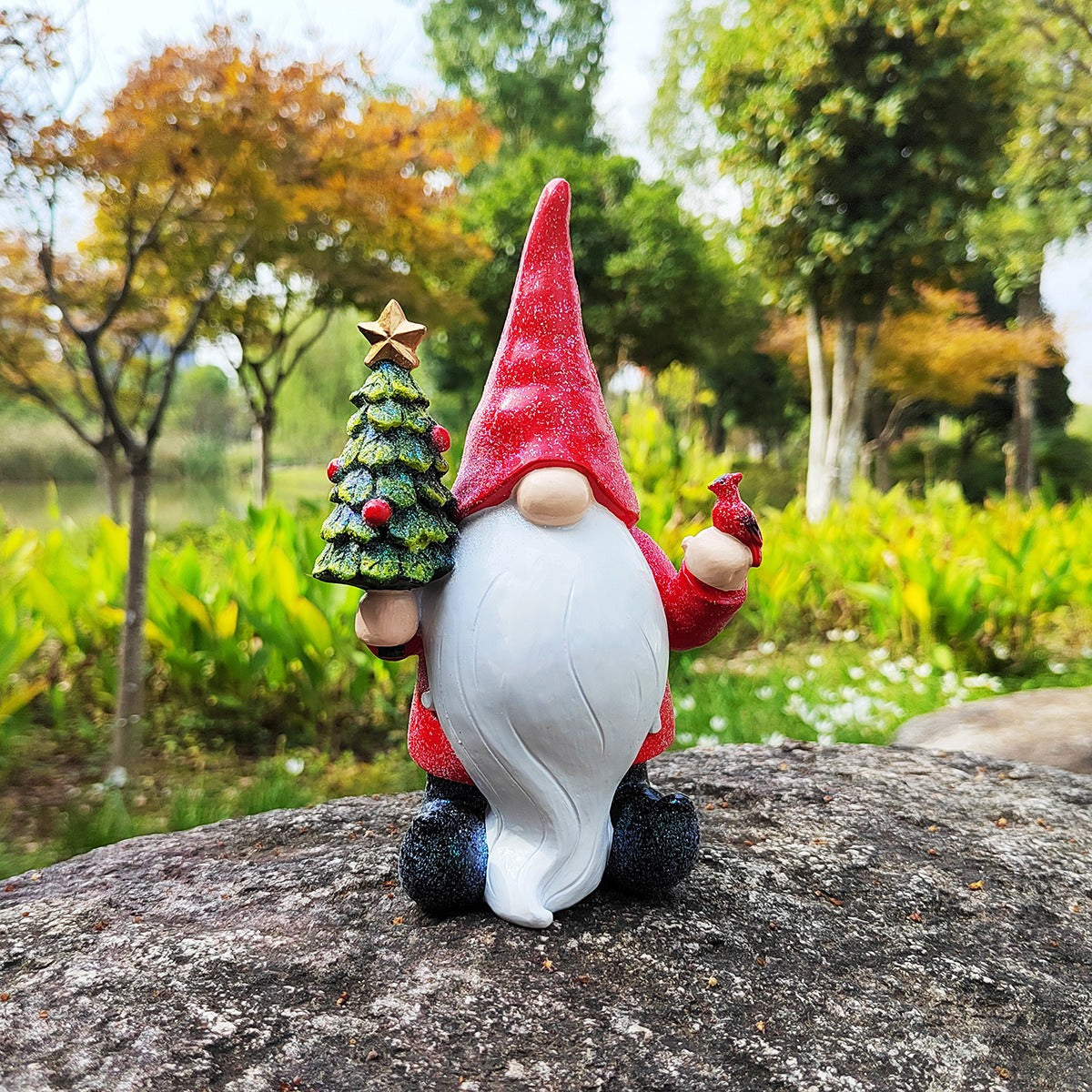 Christmas Gnome Figurine Holding Tree With Cardinal