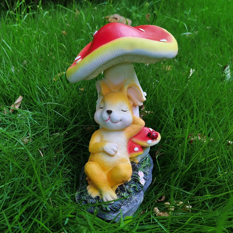 Sleeping Bunny Garden Statue with Red Mushroom Cap