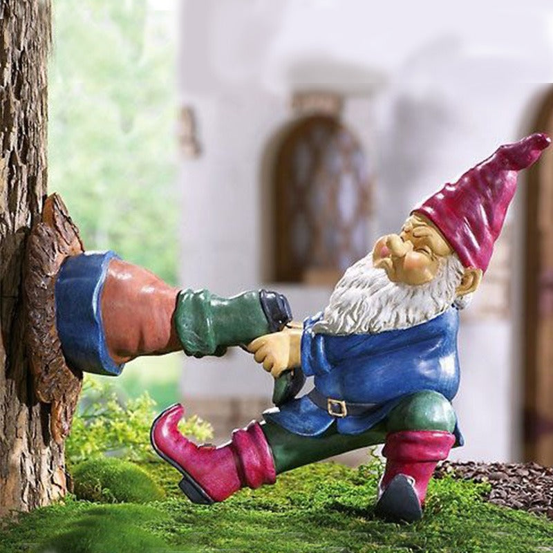 Garden Gnome Figurine with Leg Through Pot, Resin Decor