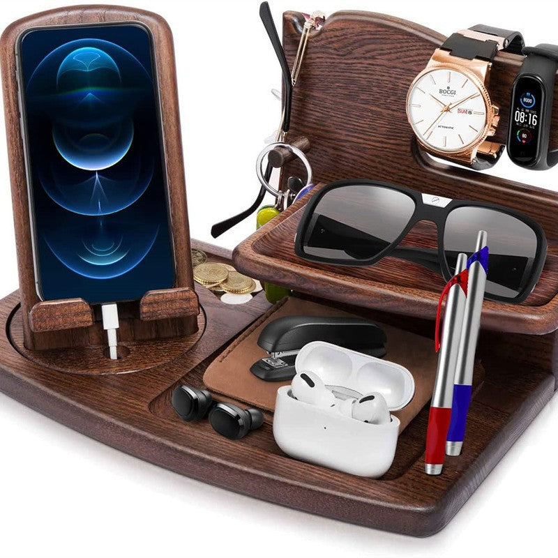 Solid Wood Phone Stand Desk Organizer with Charging