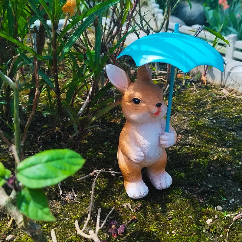 Garden Bunny Figurine with Teal Umbrella for Patio Decor