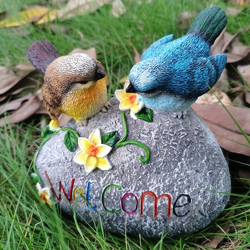 Garden Bird Welcome Stone with Hand-Painted Resin Birds