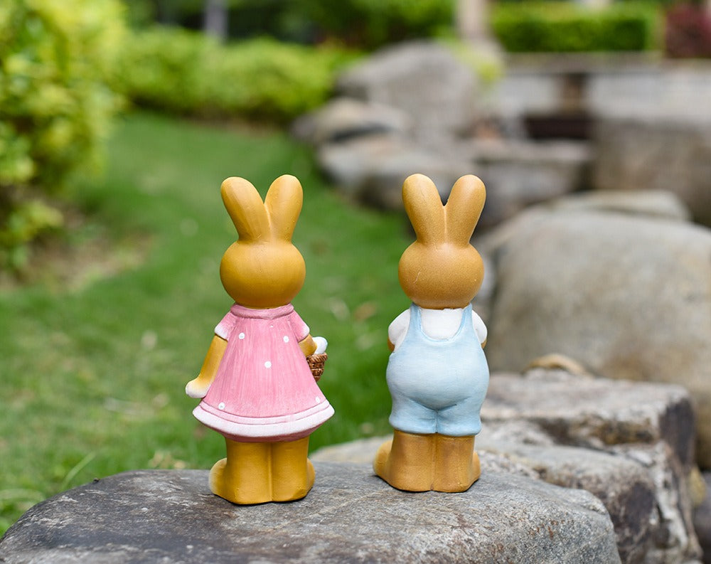 Ceramic Bunny Garden Statues Pair for Easter Lawn Decor