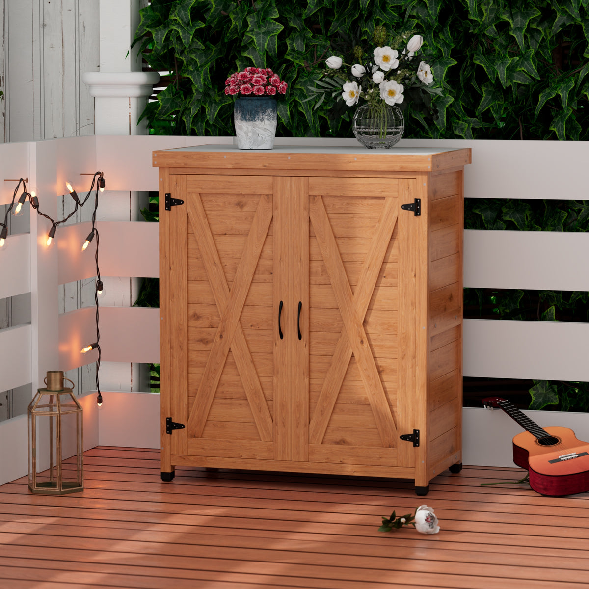 Outdoor Potting Bench with Storage Cabinet and Metal Top