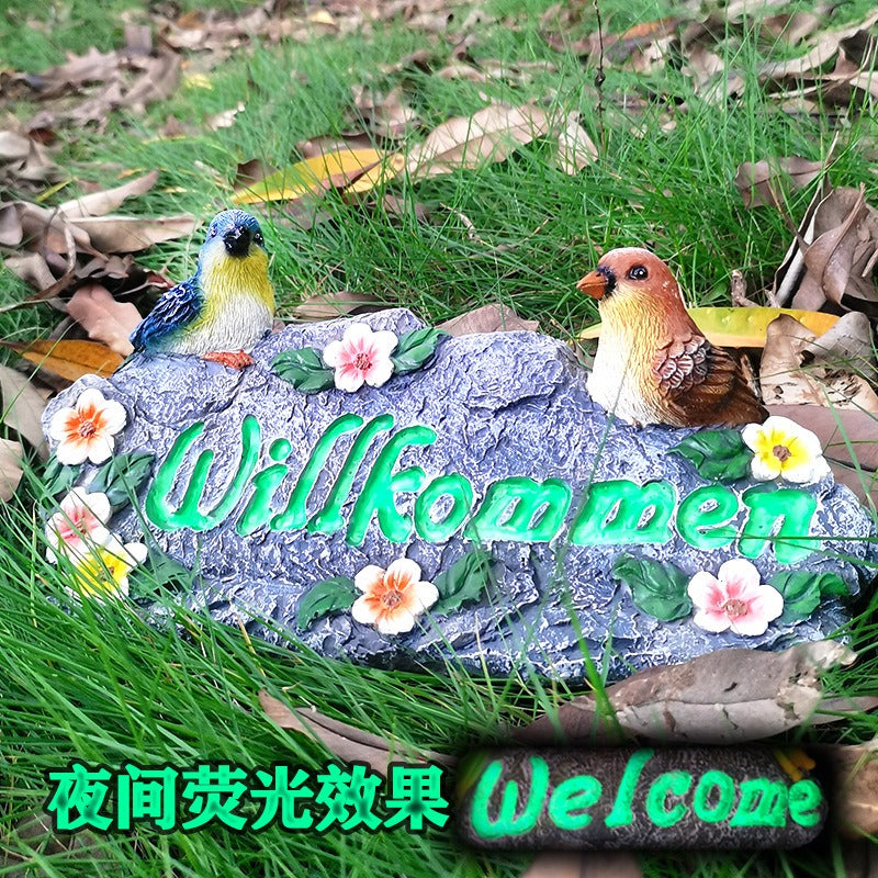Garden Welcome Stone with Painted Birds and Flowers