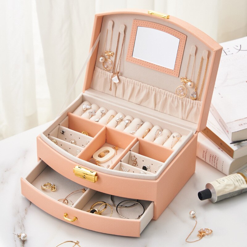 Leather Travel Jewelry Box with Mirror and Organizer