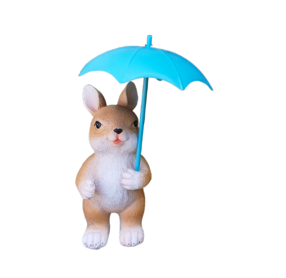 Garden Bunny Figurine with Teal Umbrella for Patio Decor
