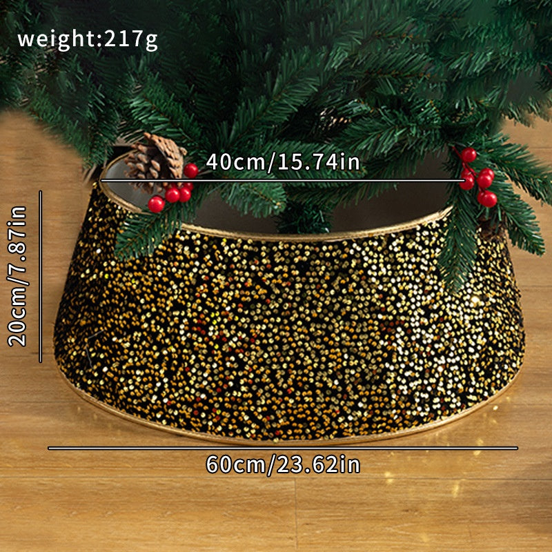 Black Sequin Christmas Tree Skirt with Gold Trim Decor