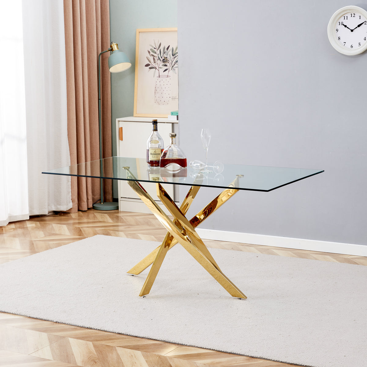 Clear Glass Dining Table with Gold X-Base