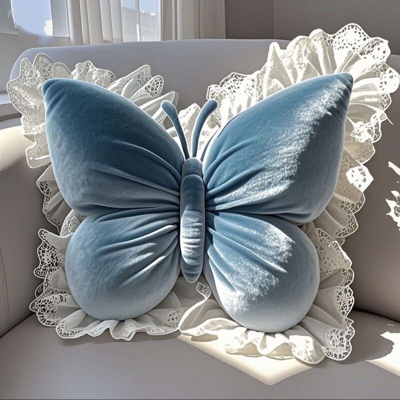 Butterfly Princess Velvet Throw Pillow with Lace Ruffle