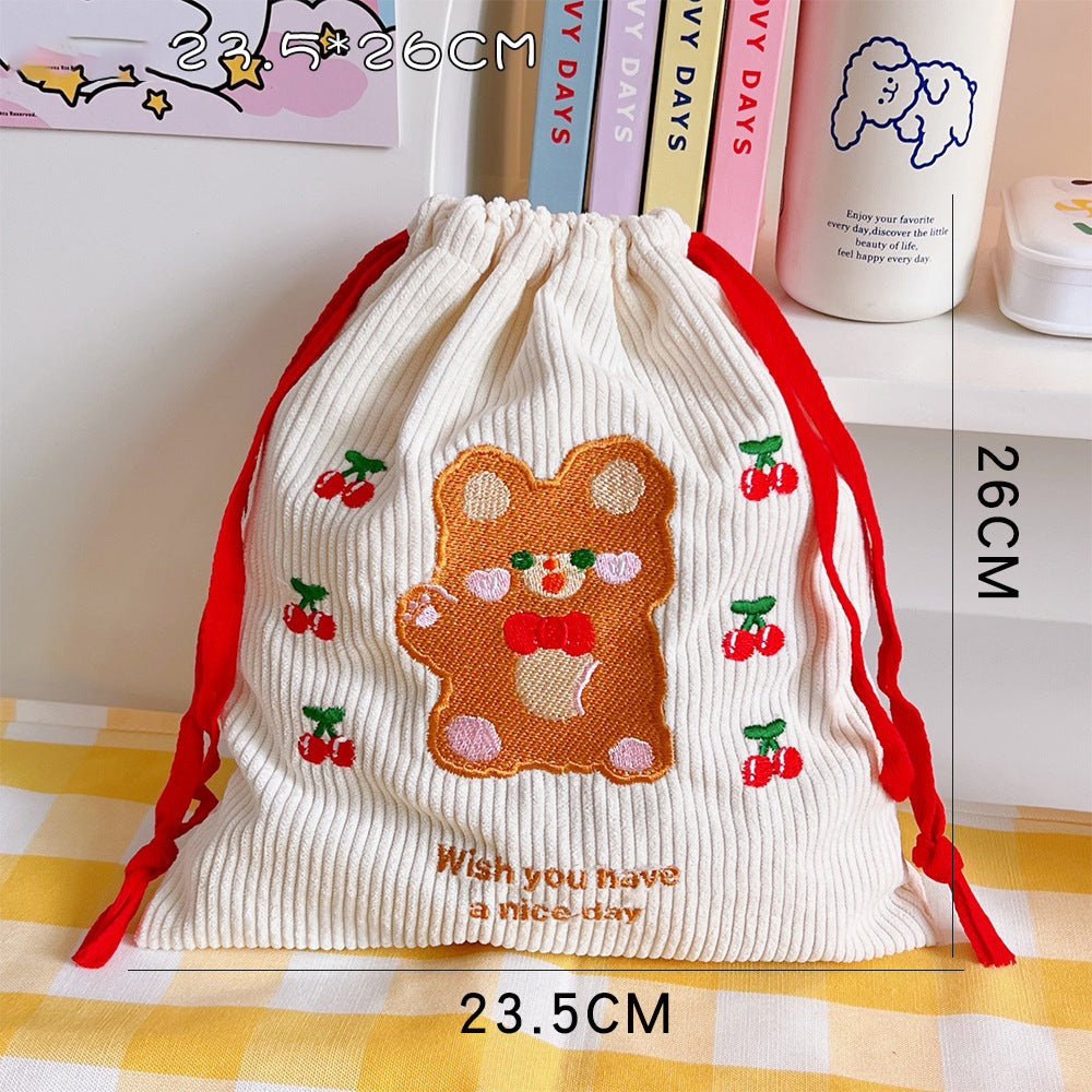 Embroidered Corduroy Drawstring Pouch for Small Items