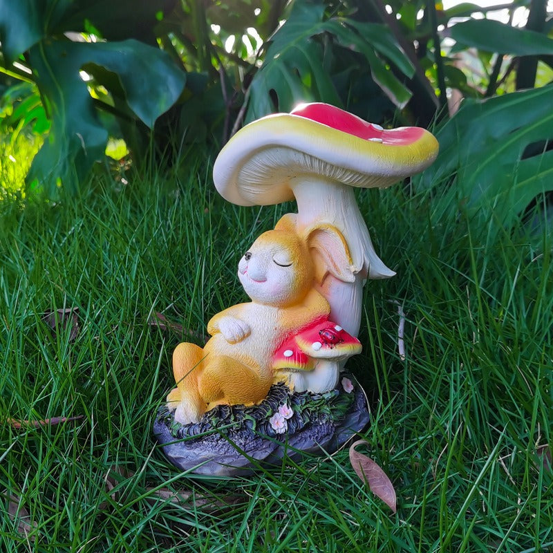 Sleeping Bunny Garden Statue with Red Mushroom Cap