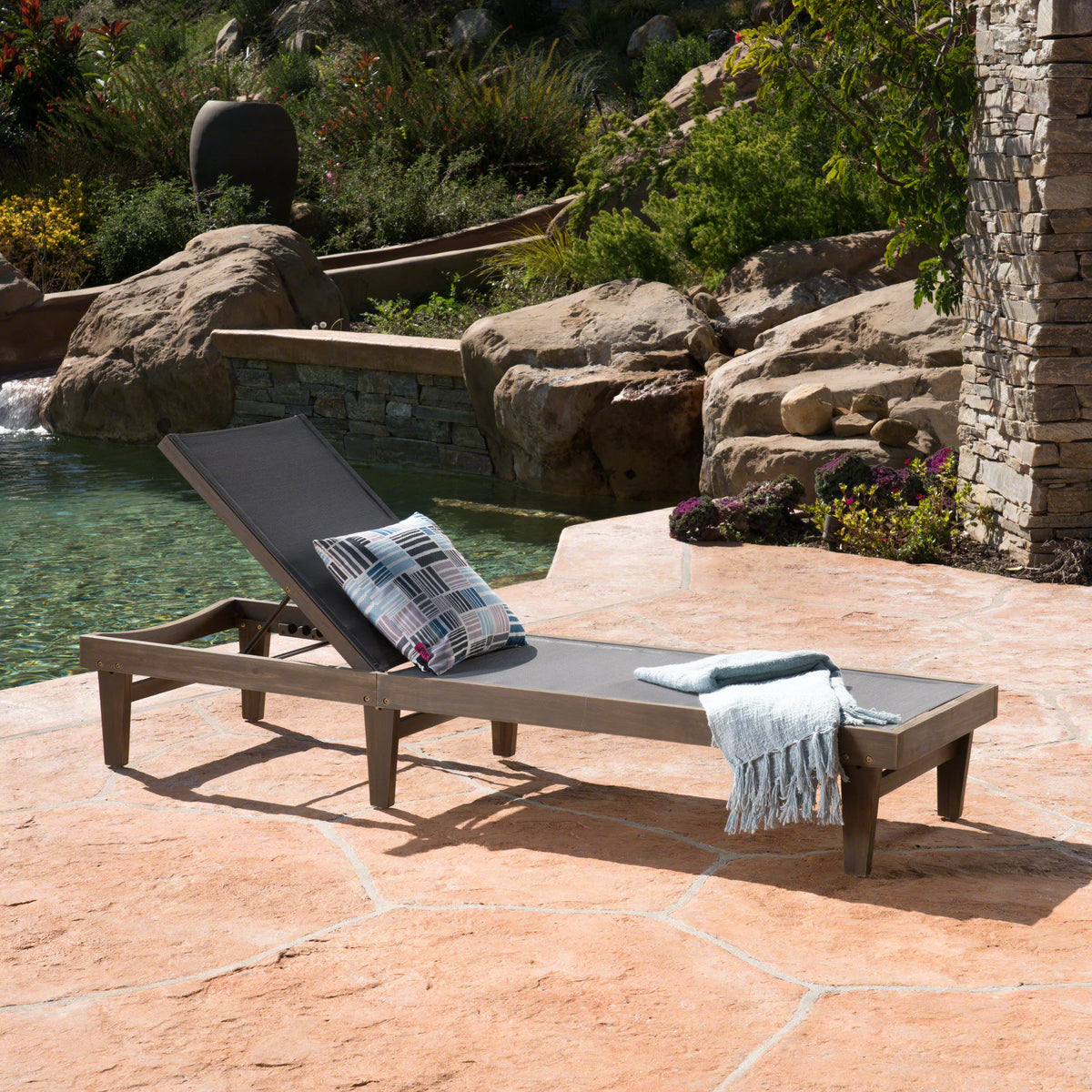 Dark Grey Mesh Patio Chaise Lounge, Adjustable Back