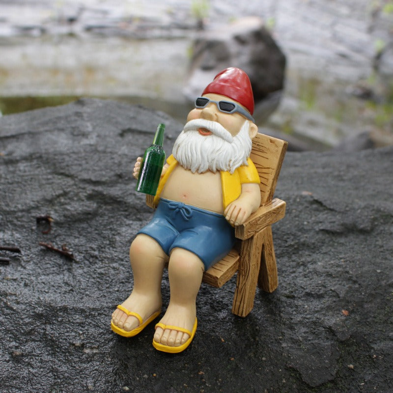Funny Garden Gnome Figurine Relaxing in a Deck Chair
