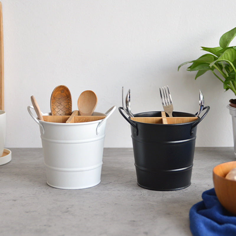 Metal Utensil Bucket with Bamboo Dividers for Kitchen
