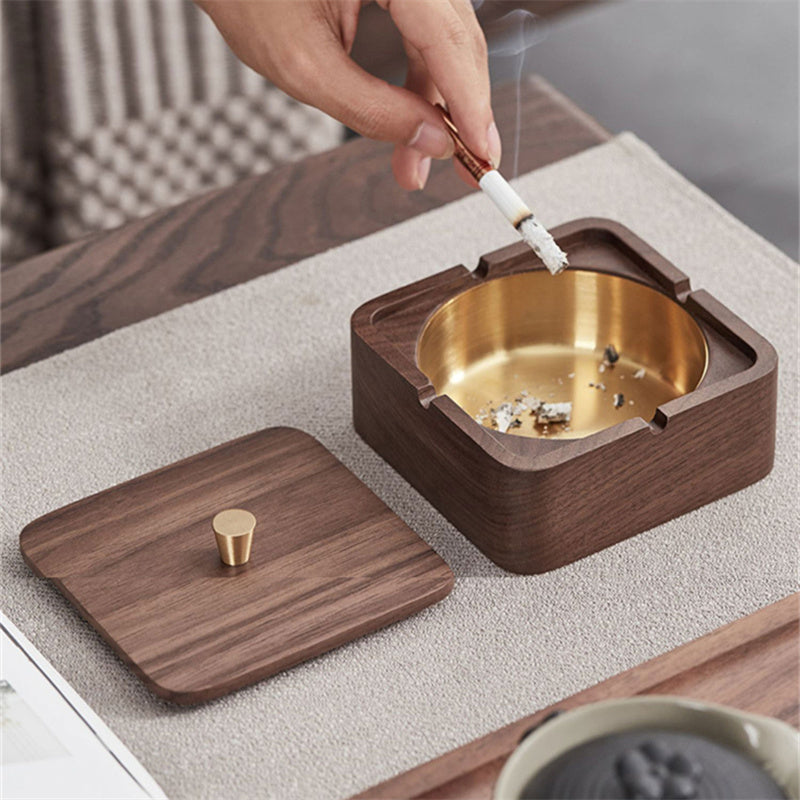 Covered Solid Walnut Wood Ashtray with Lid and Brass Knob